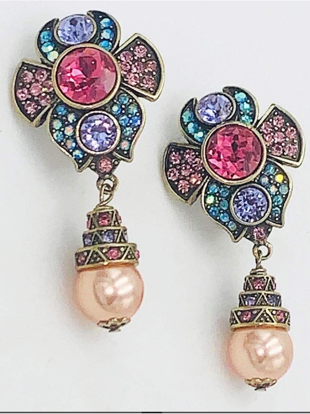 Heidi Daus Rare Multicolor Crystal Floral Peach Pearl Drop Earrings